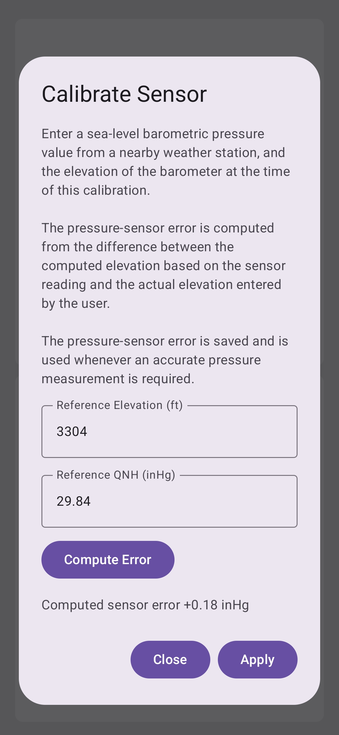 Marine Barometer calibration dialog with fields for known elevation and known pressure