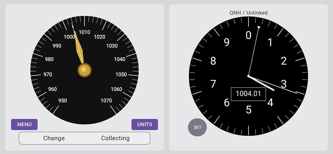 Marine Barometer v1.9.0 showing the aircraft-style altimeter