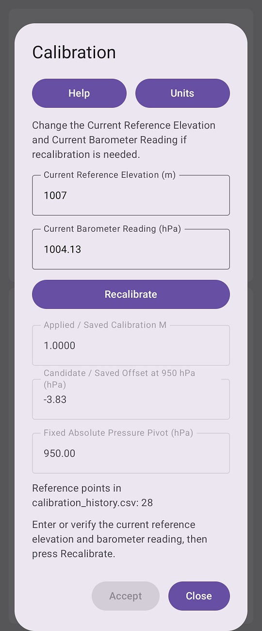 Marine Barometer v1.9.0 calibration dialog