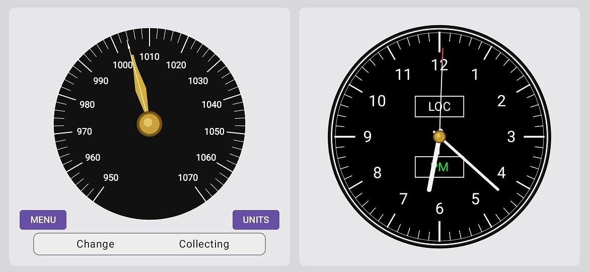 Marine Barometer v1.9.0 showing the analog Clock