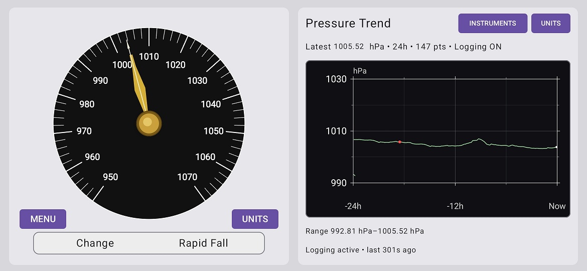 Marine Barometer main screen with the barometer and right-panel instrument controls visible