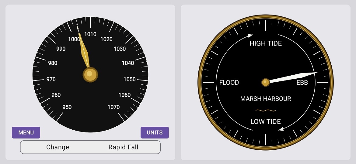 Marine Barometer v1.9.0 showing the barometer and one of the right-panel instruments