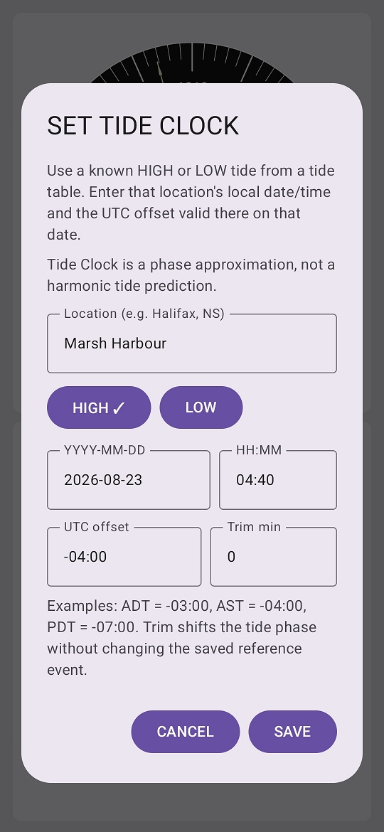 Marine Barometer Tide Clock setup dialog